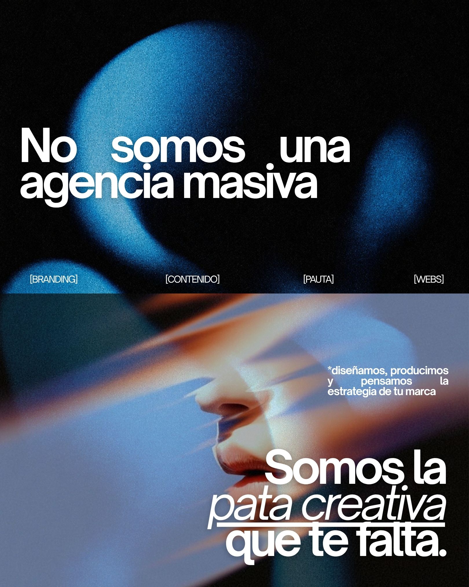 Pieza de contenido: un rostro atravesado por estelas de luz azul y naranja.