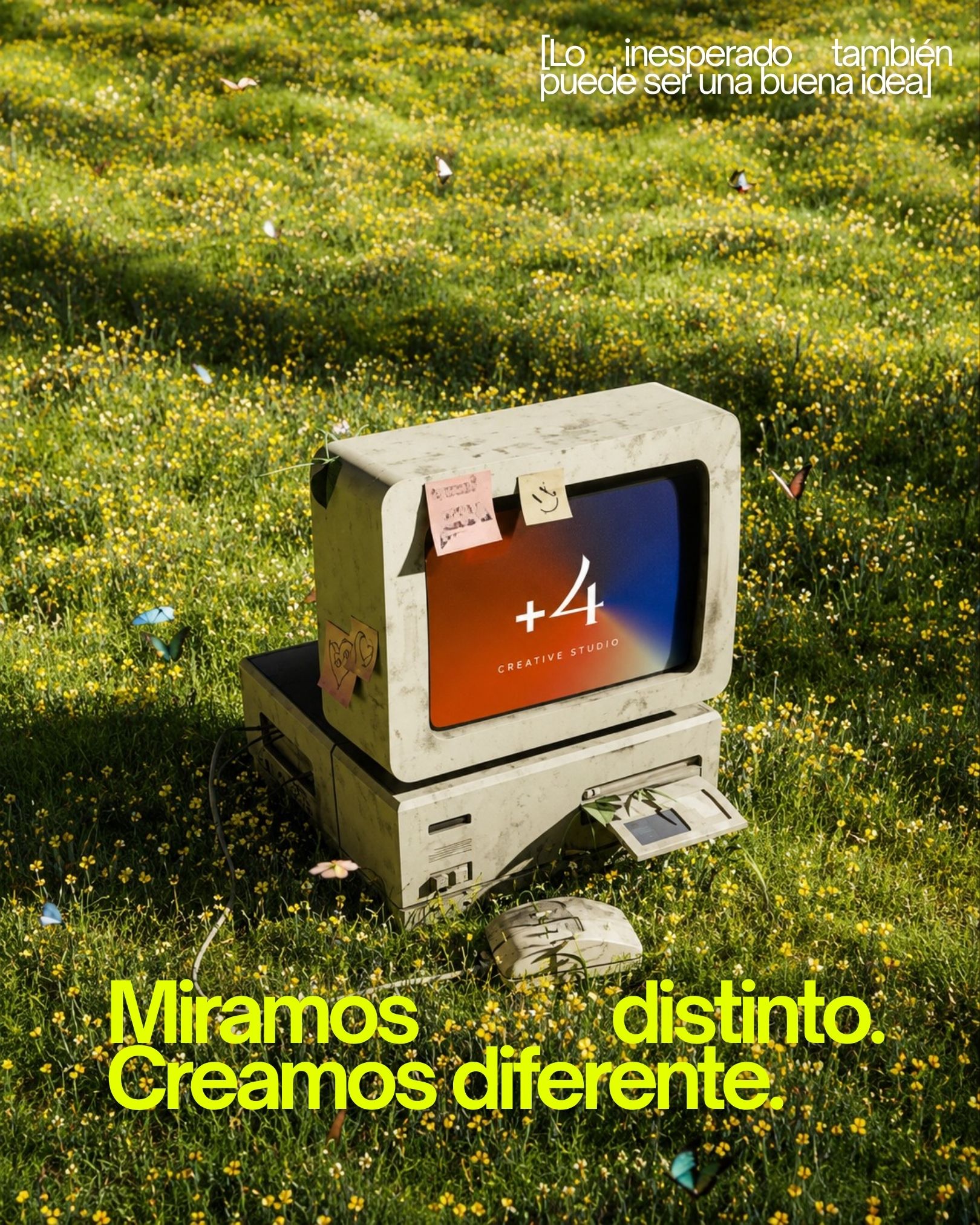 Pieza de demanda: una computadora retro con el logo +4 en pantalla, en medio de un campo florecido.